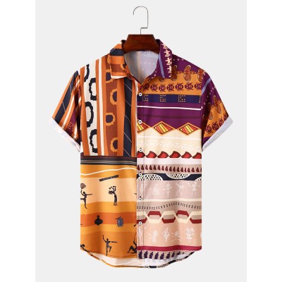 Mens Tribal Ornament Patchwork Print Short Sleeve All Matched Shirts