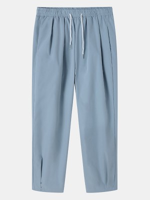 Men Solid Pleats Designed Drawstring Back Pockets Soft Casual Pants