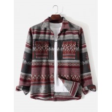 Men Christmas Elk Snowflake Printed Striped Chest Pocket Jackets