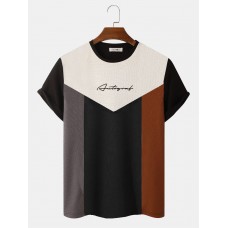 Mens Color Block Patchwork Letter Embroidered Knitted Short Sleeve T  Shirts