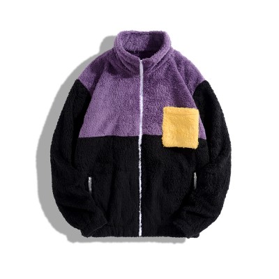 Men Contrast Color Teddy Plush Patch Pocket Zip Stand Color Jackets