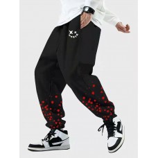 Mens Funny Face Floral Print Drawstring Sweatpants With Pocket