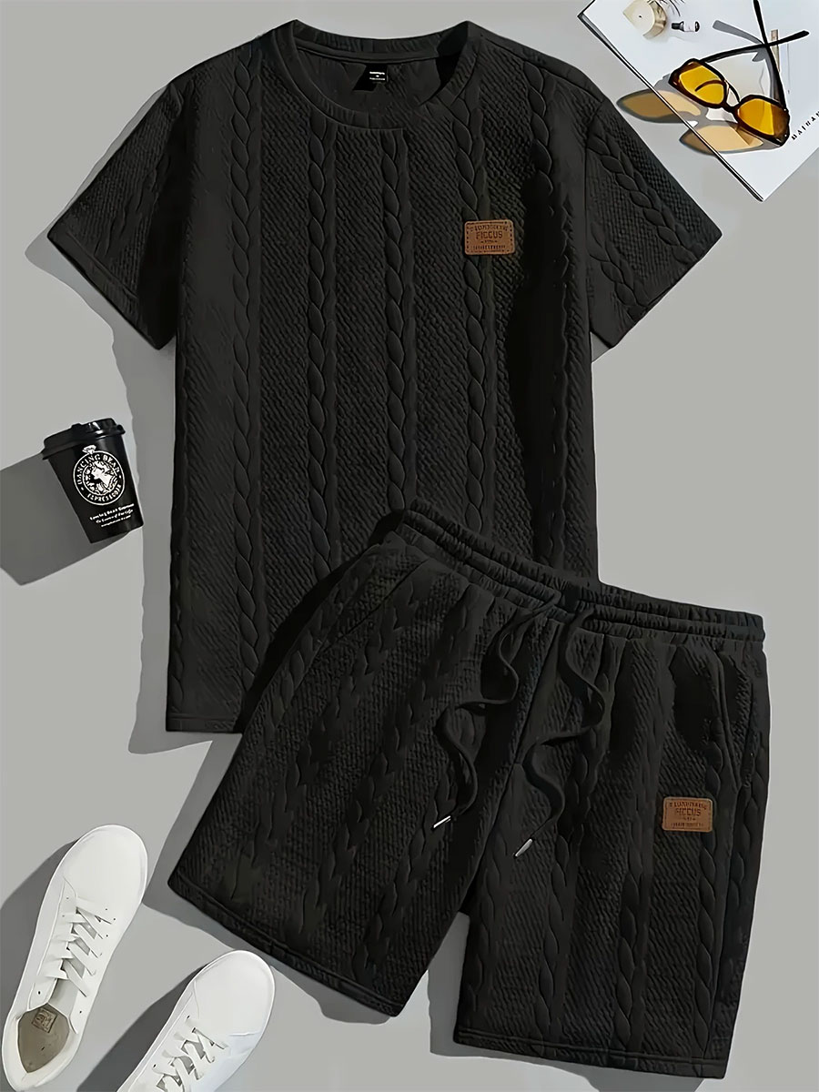 Men's Solid Color Knitted Casual Ribbed Short-sleeved Two-piece Suit
