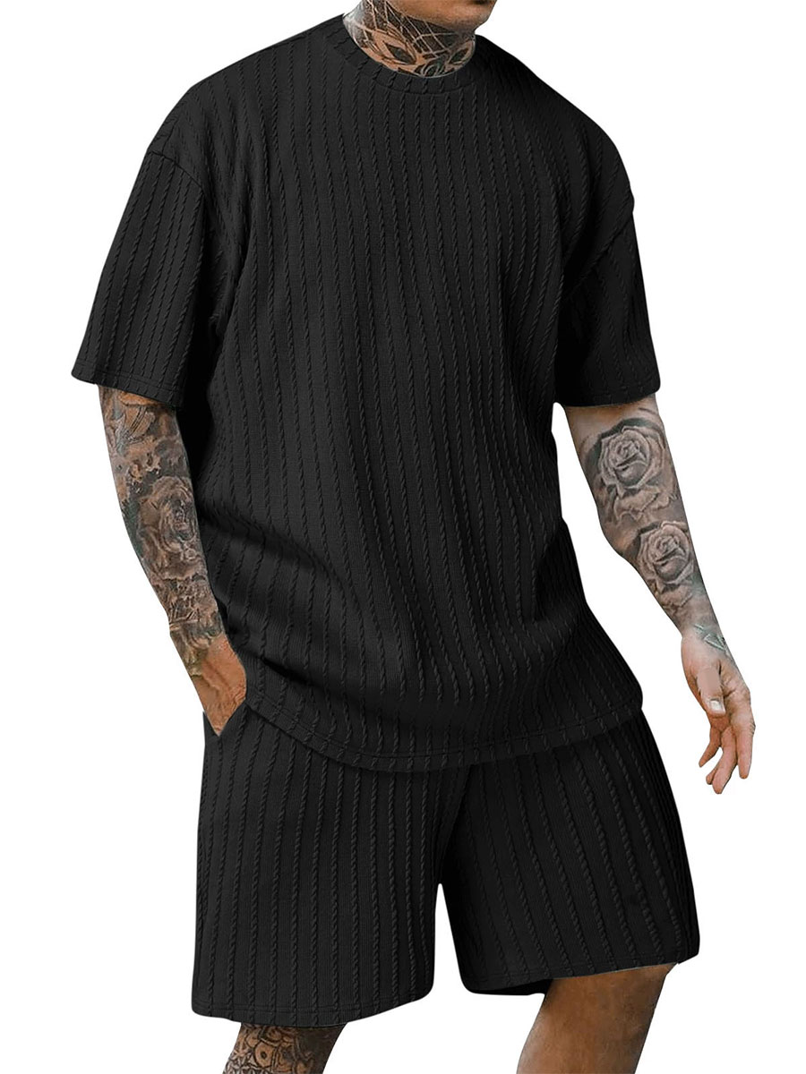 Men's Sports Solid Color Round Neck Vertical Striped Shorts Short Sleeves Two-piece Suit
