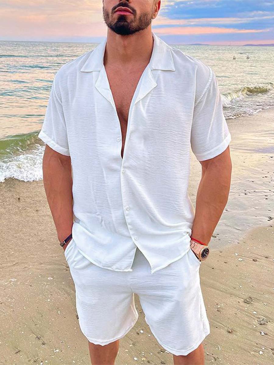 Men's Summer Casual Lapel Cotton and Linen Solid Color Short Sleeve Shorts Suit