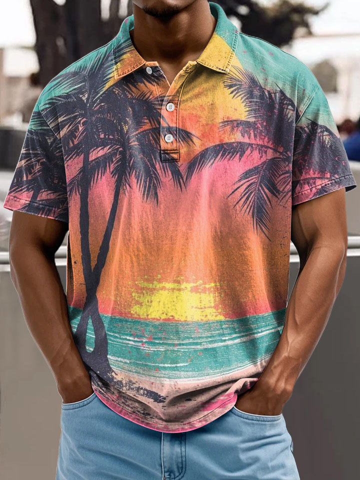 Vintage Beach Sunset Palm Tree Decorative Pattern Casual Cotton Polo