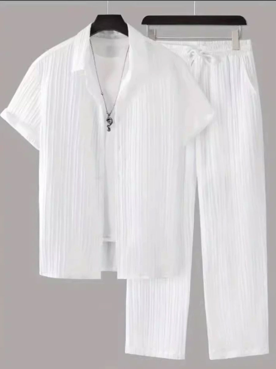 Men's Striped Short Sleeve Shirt Button-Down Lapel Suit