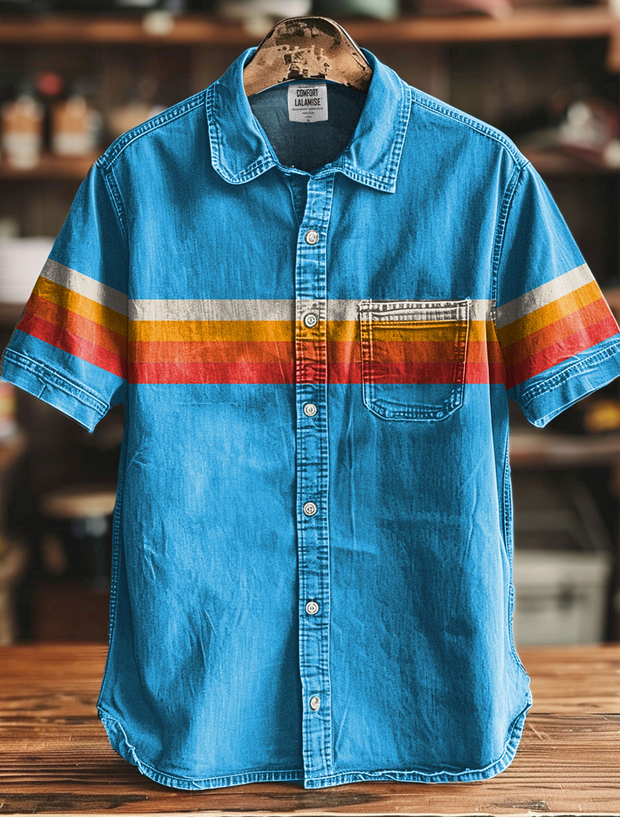 Blue Orange Sunset Stripes Print Casual 100% Cotton Shirt