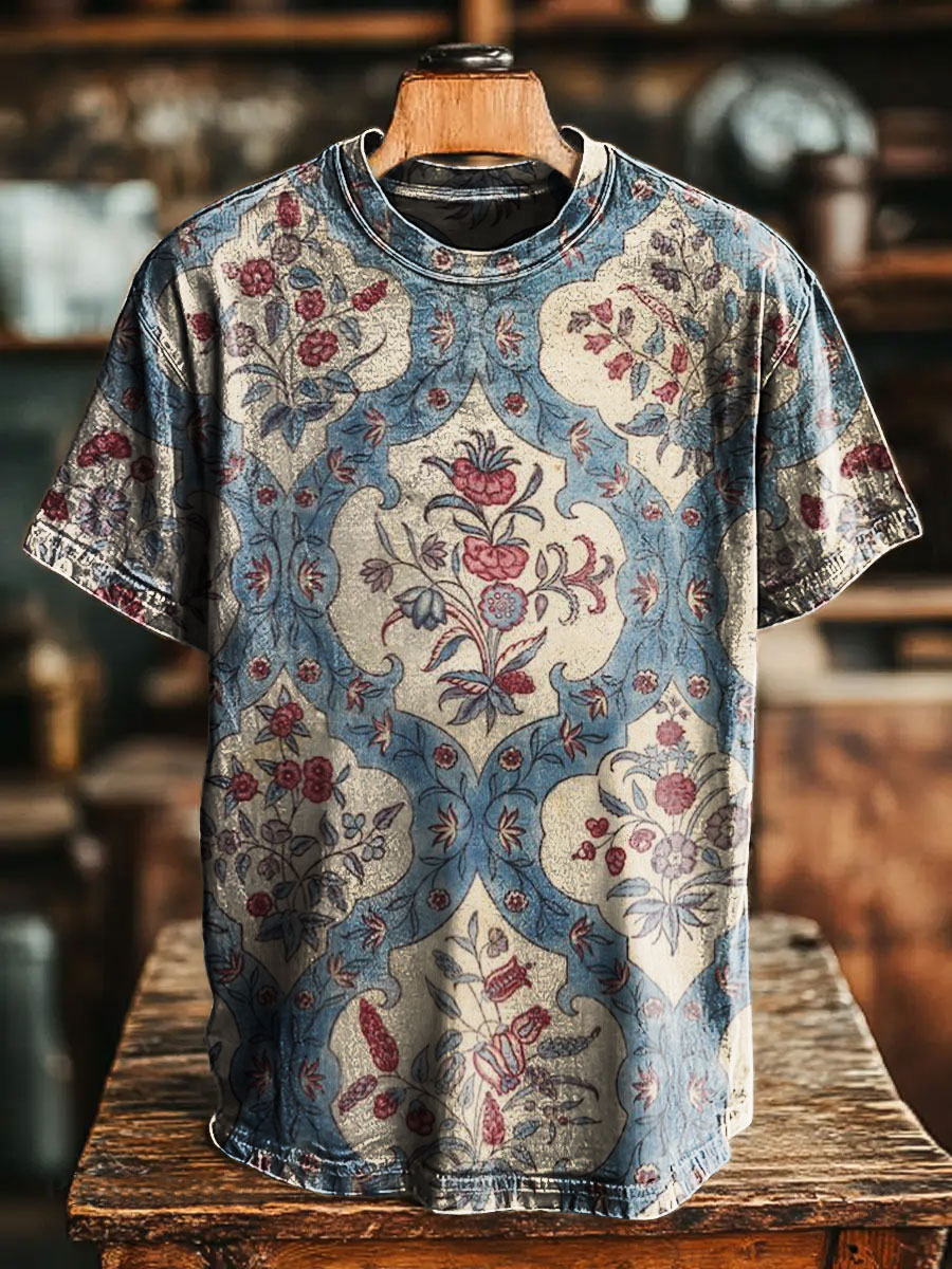 Unisex Retro Blue Romantic Floral Print Casual Loose Short Sleeve T-Shirt