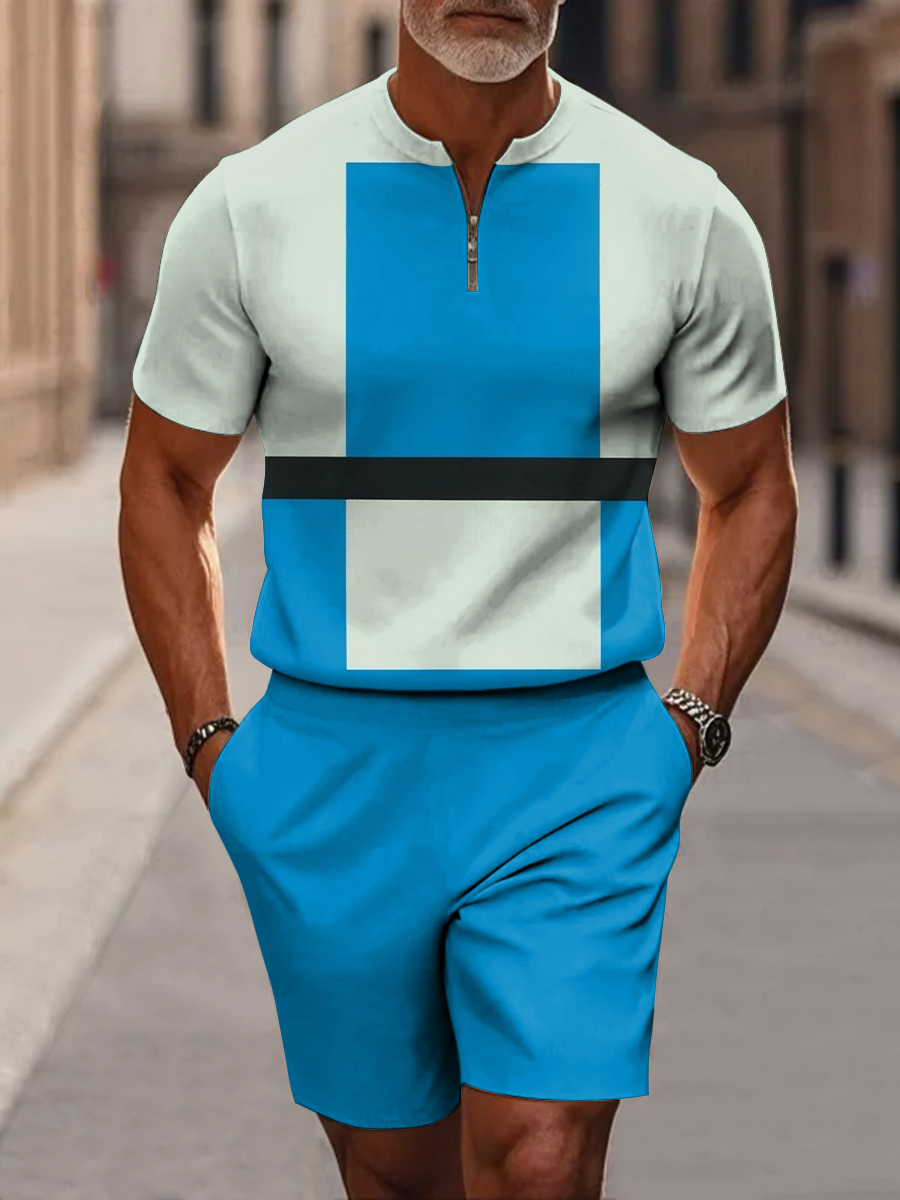 Men's Blue Color-block Square Art Short Sleeve Zipper Two-piece Set