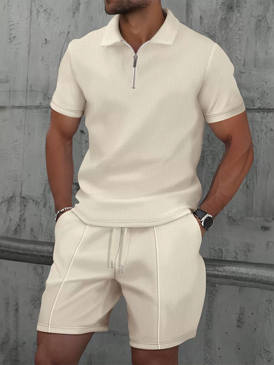 Men's Waffle Zipper Solid Color Lapel Short Sleeve T-shirt Shorts Casual Suit