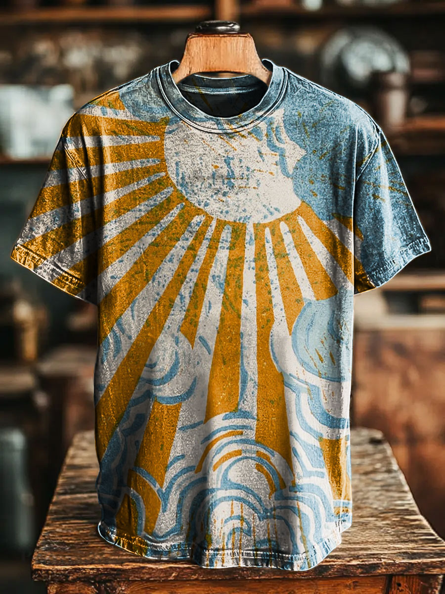 Vintage Geometry Sun Pattern Print Casual Short Sleeve T-shirt