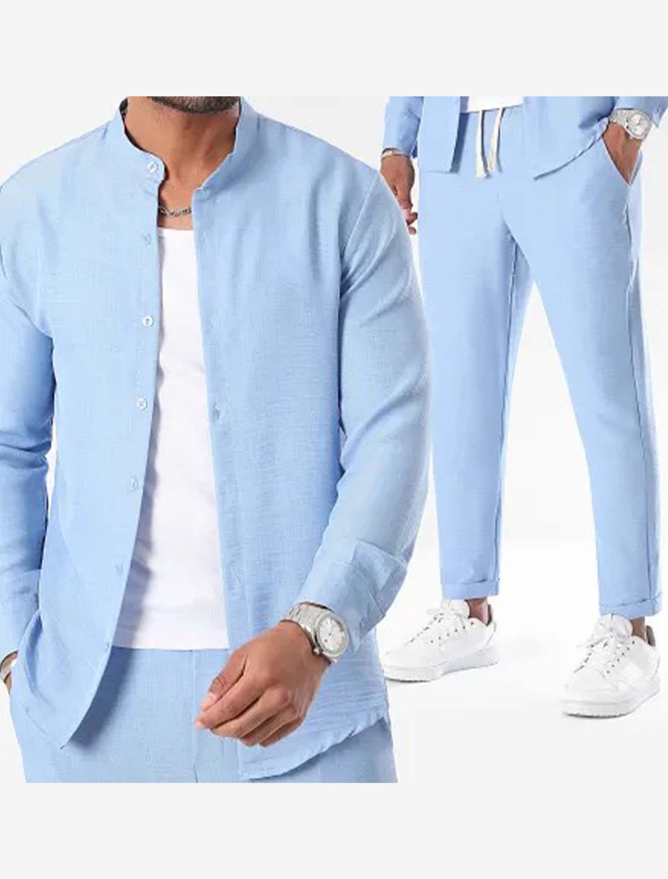 Men's Sports Suit Linen Casual Suit Long Sleeves Long Pants Two-piece Suit