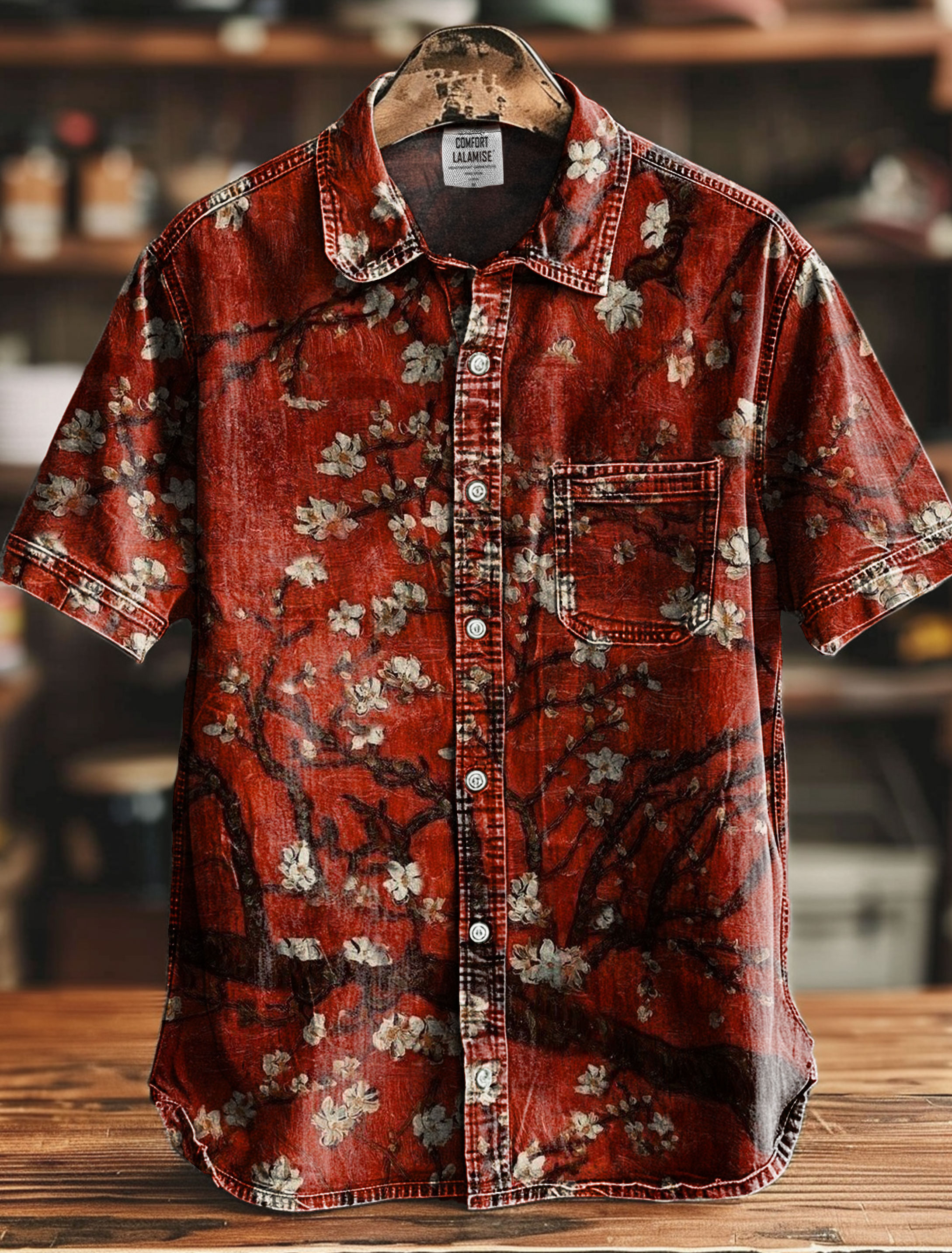 Red Vintage Floral Art Print Casual 100% Cotton Shirt