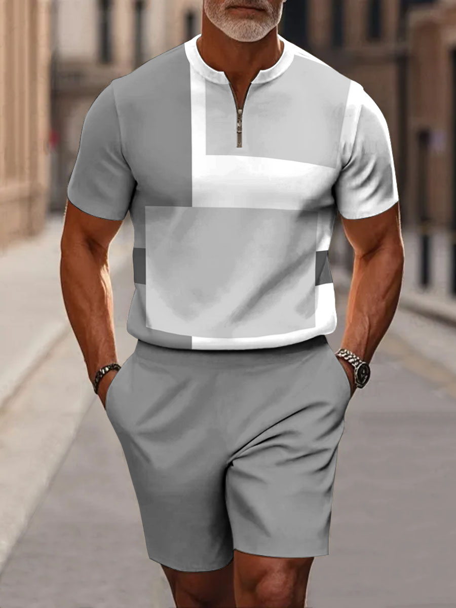 Simple Color Block Decorative Pattern Short Sleeve Zipper Two-piece Set