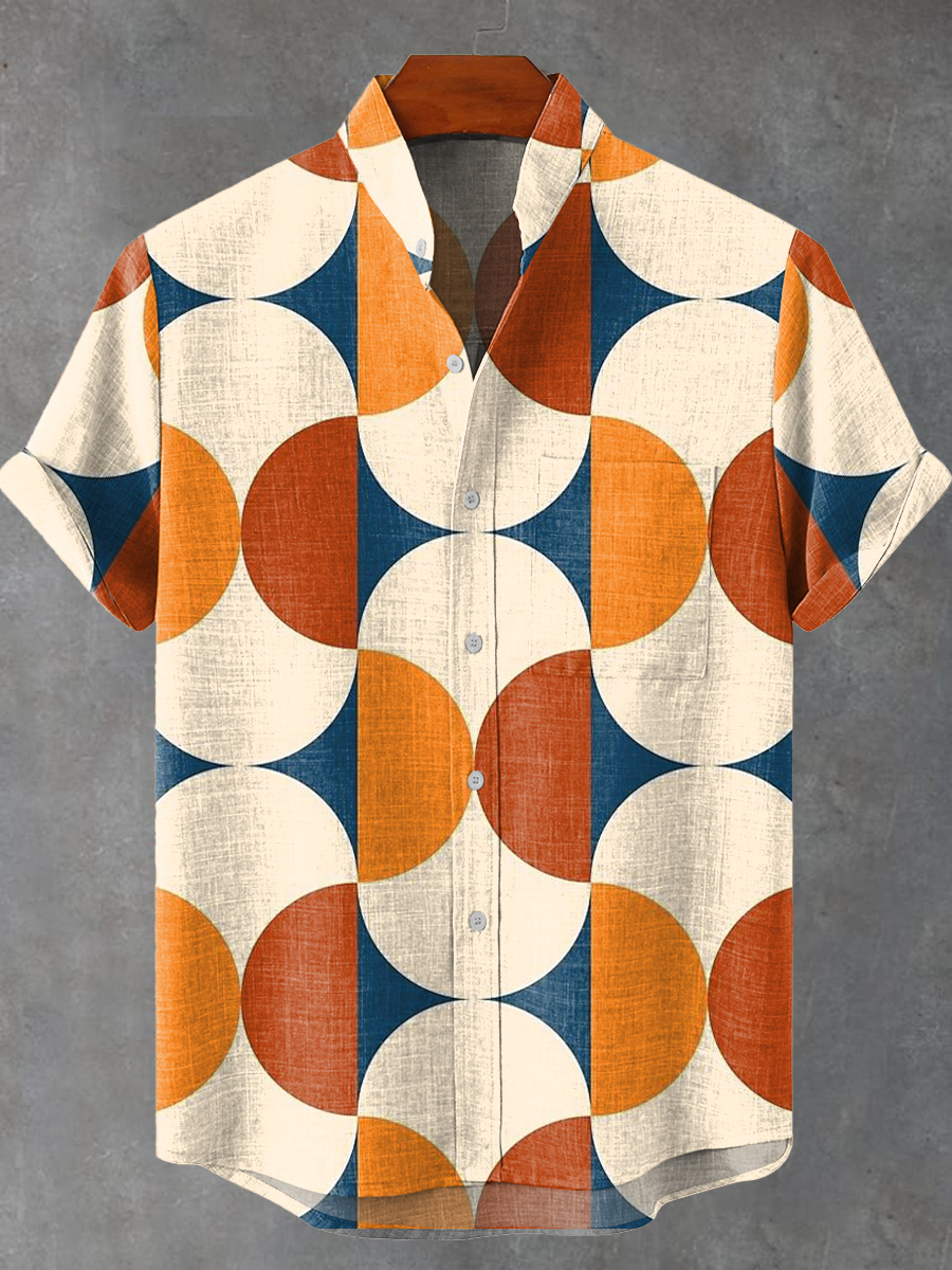 Retro Minimalist Color-block Symmetrical Geometry Print Casual 100% Cotton Shirt