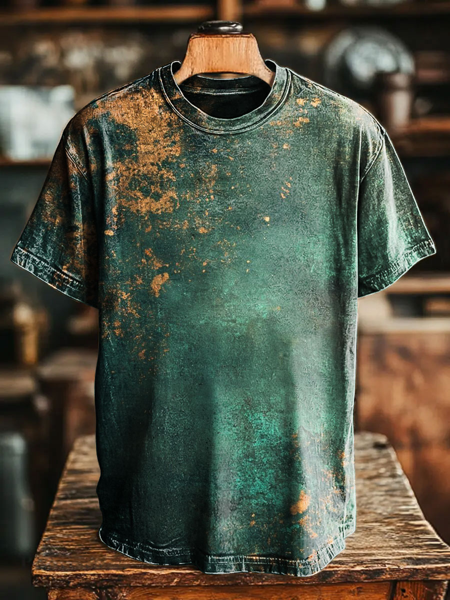 Vintage Aged Green Pattern Print Casual Short Sleeve T-shirt