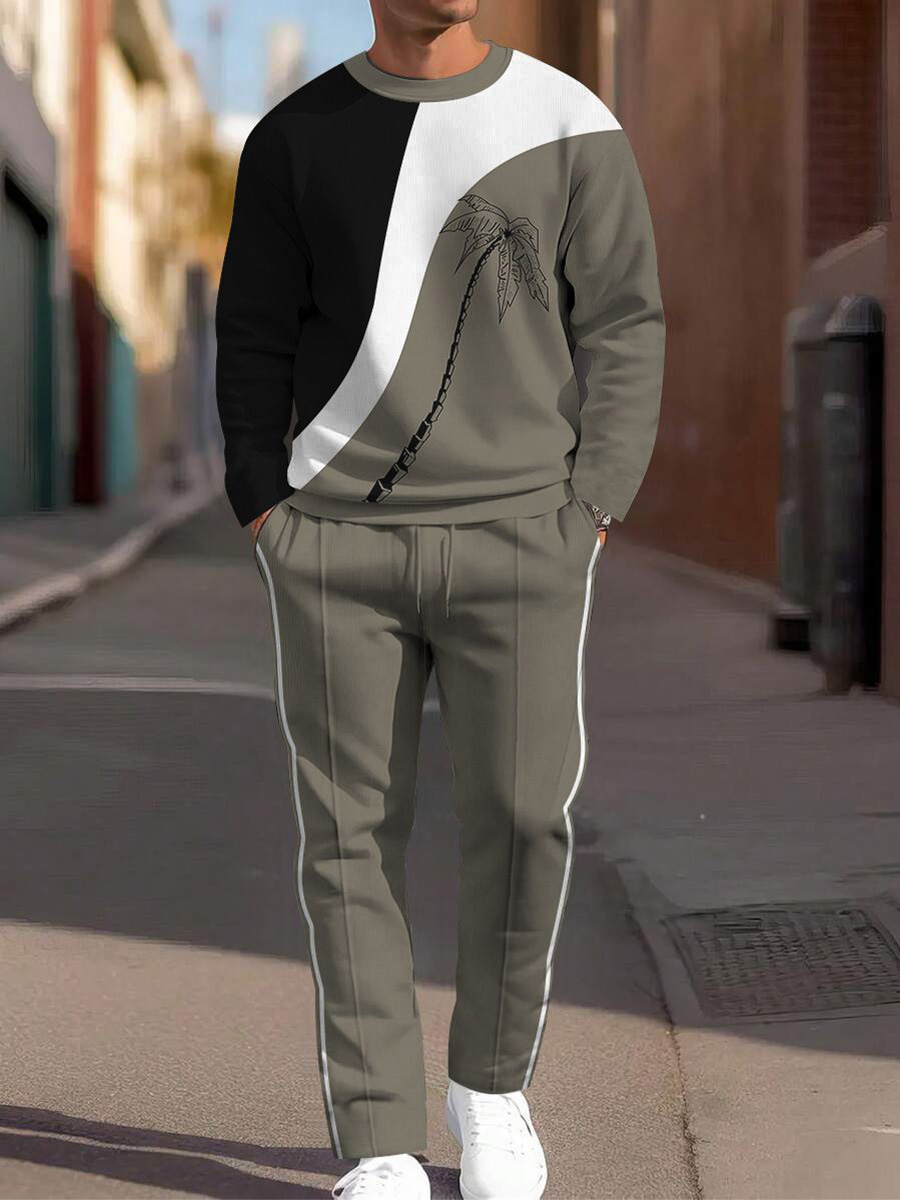 Men's Simple Palm Tree Print Casual Long Sleeve Suit