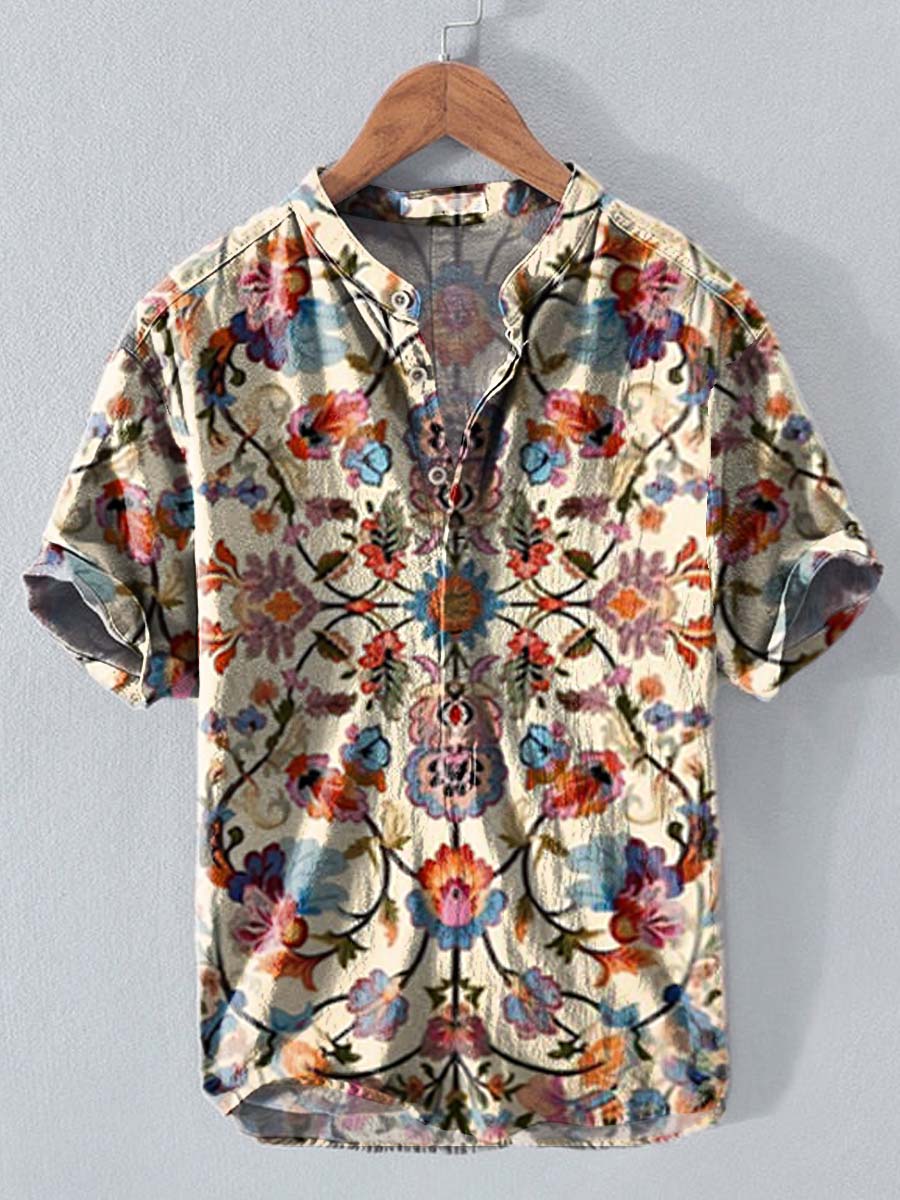 Vintage Flower Symmetry Pattern Art Print Casual Cotton And Linen Polo