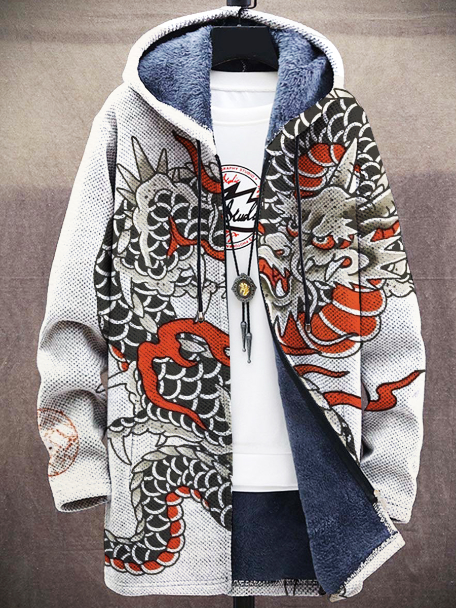 Unisex Men's Retro Ukiyoe Dragon Totem Print Plush Thick Long Sleeve Sweater Cardigan Jacket