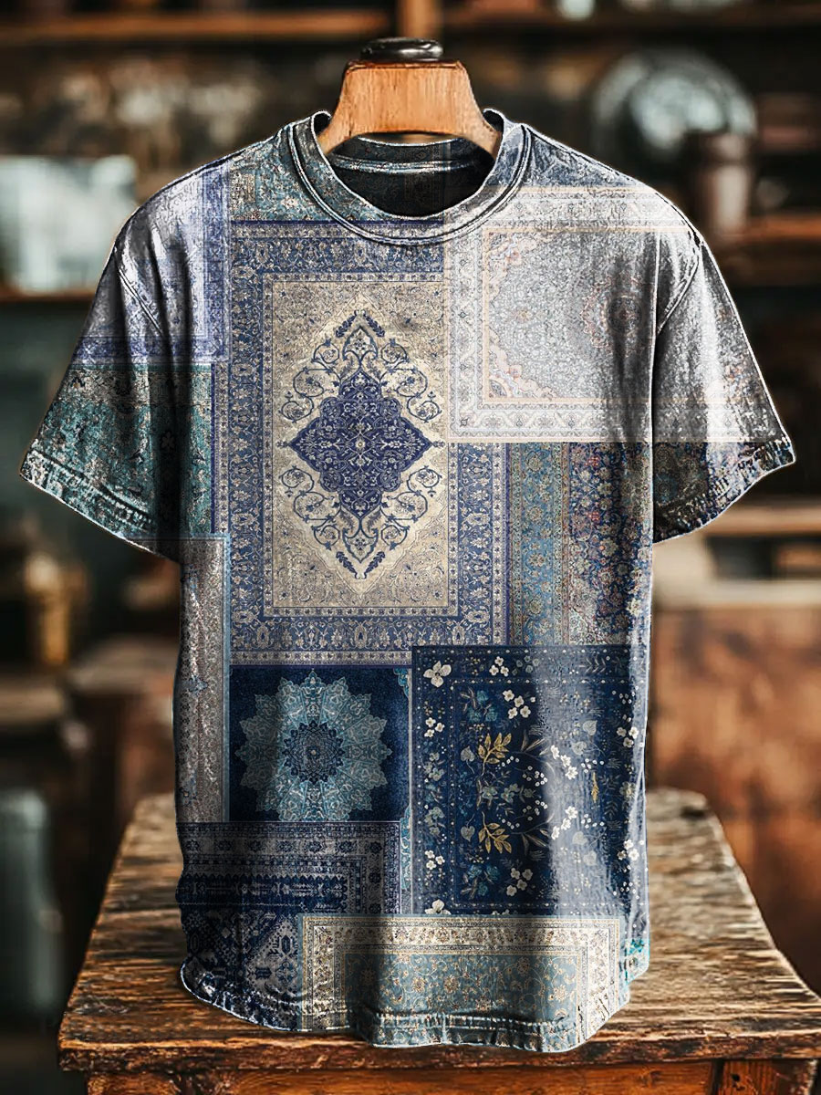 Unisex Retro Romantic Floral Splicing Print Casual Loose Short Sleeve T-Shirt