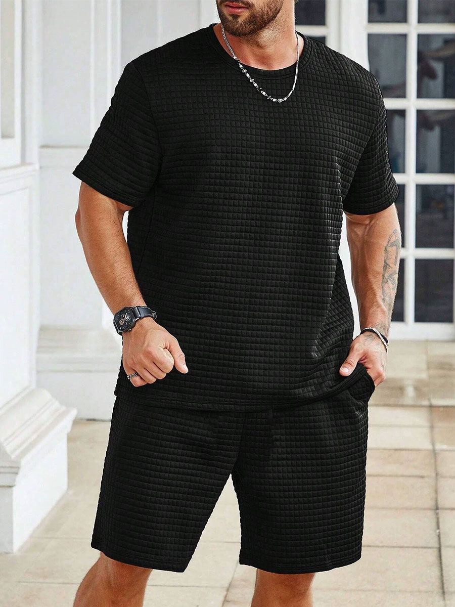 Men's Sports Casual Small Plaid Loose Round Neck Short-sleeved Shorts Suit
