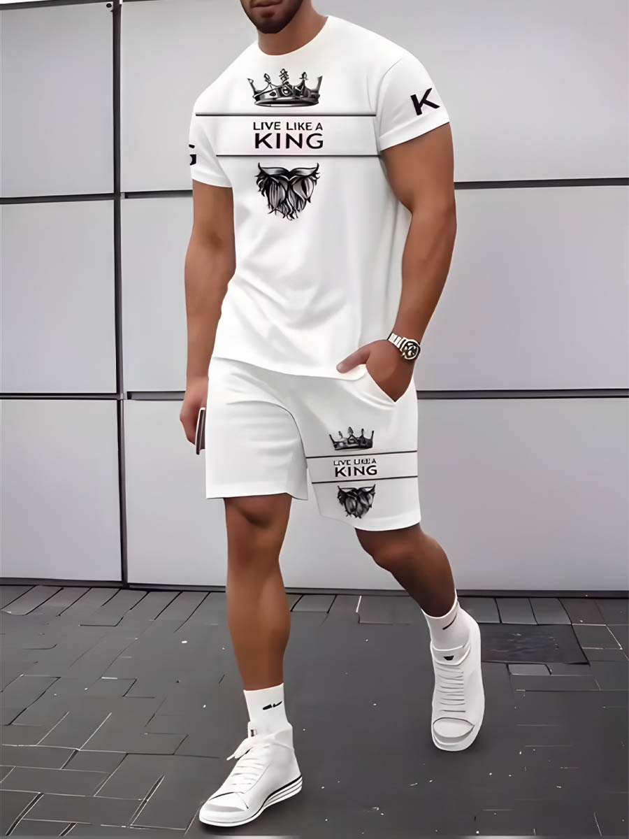 Men's Simple Live Like A King Printing Shorts Suit