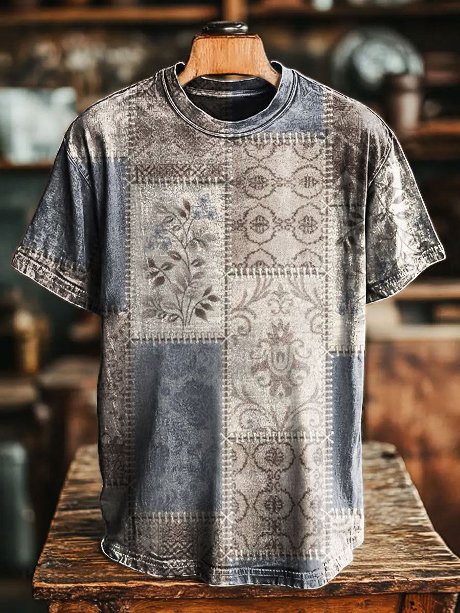 Unisex Retro Romantic Floral Splicing Print Casual Loose Short Sleeve T-Shirt