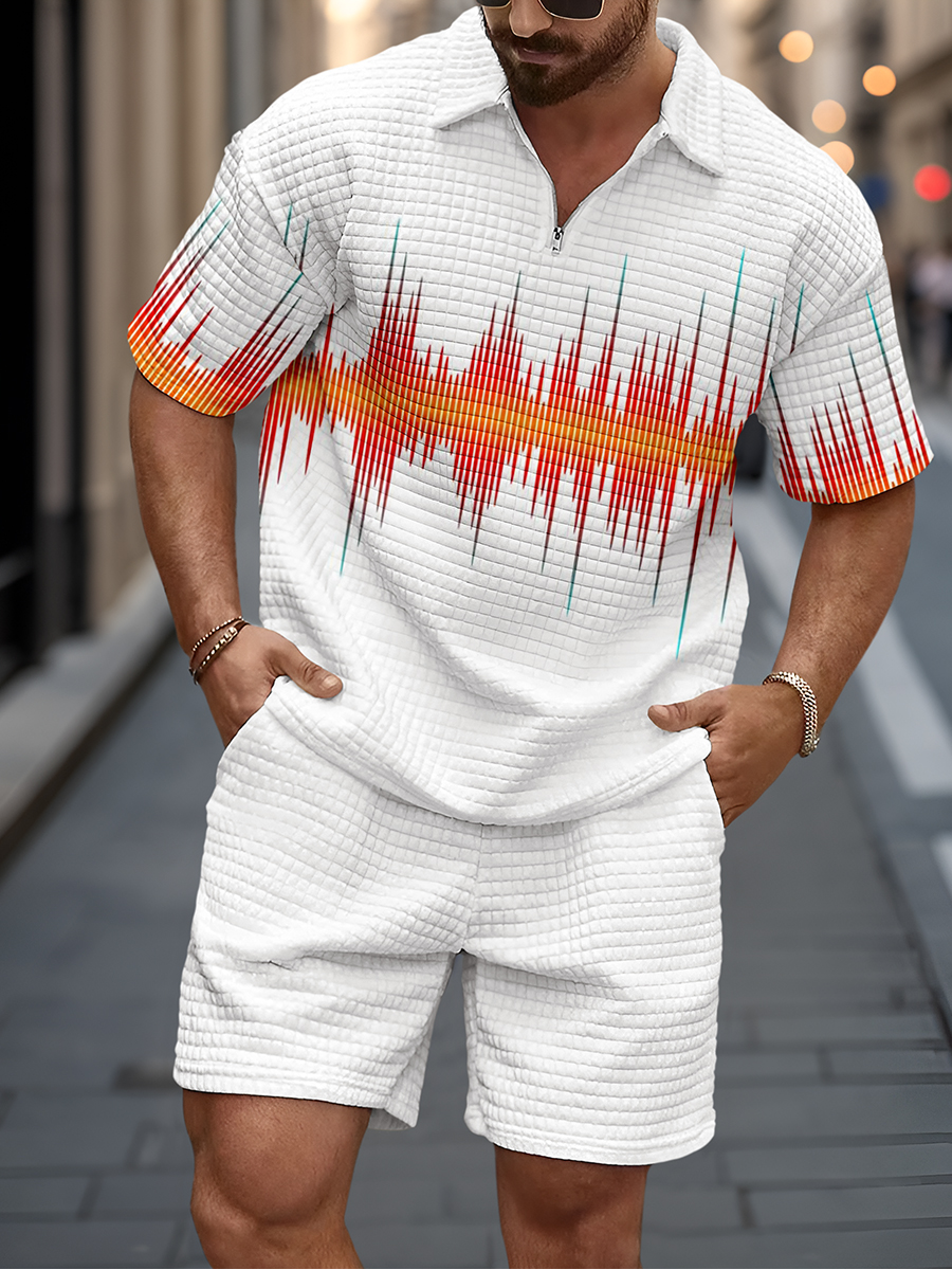 Men's Simple Gradient Print Short Sleeve Zipper Waffle Two-piece Set