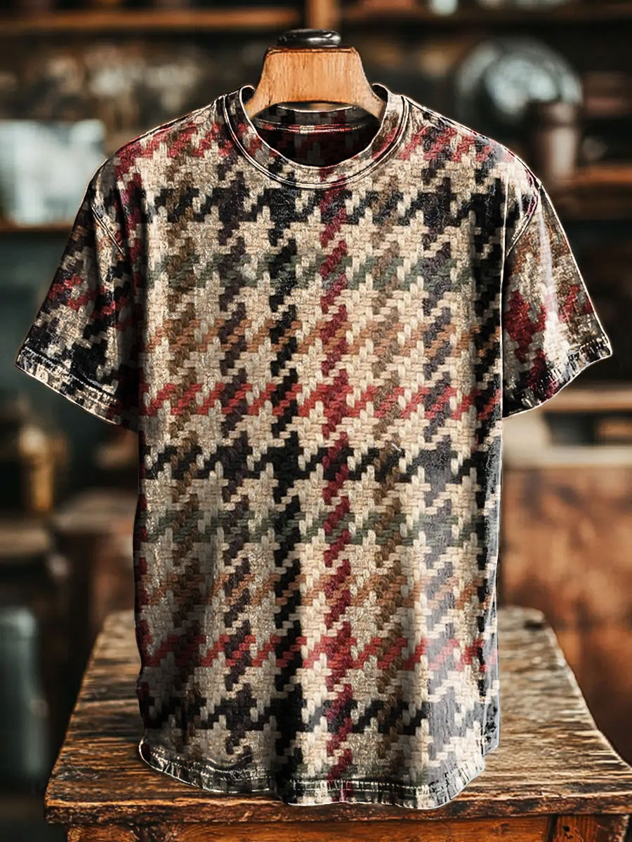 Unisex Retro Houndstooth Colors Splicing Print Casual Loose Short Sleeve T-Shirt