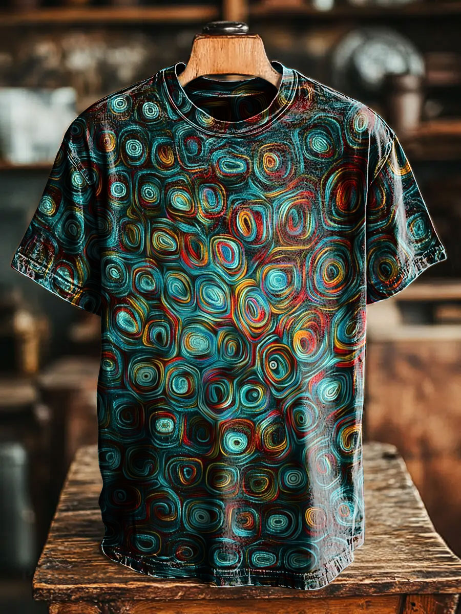 Vintage Gradient Line Pattern Print Casual Short Sleeve T-shirt
