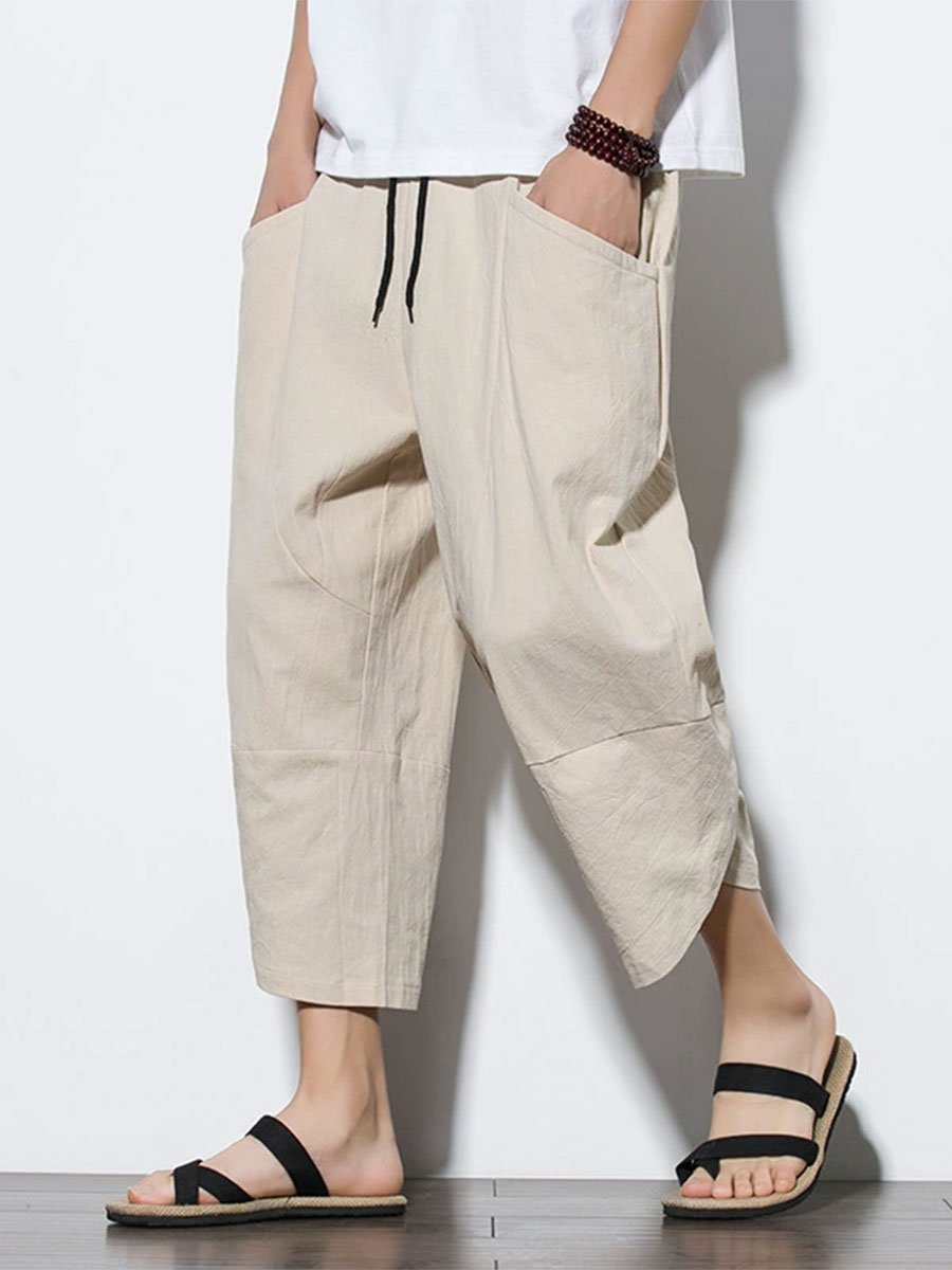 Men's Casual Pocket Drawstring Waist Wrapped Cuff Cotton Linen Crop Harem Pants