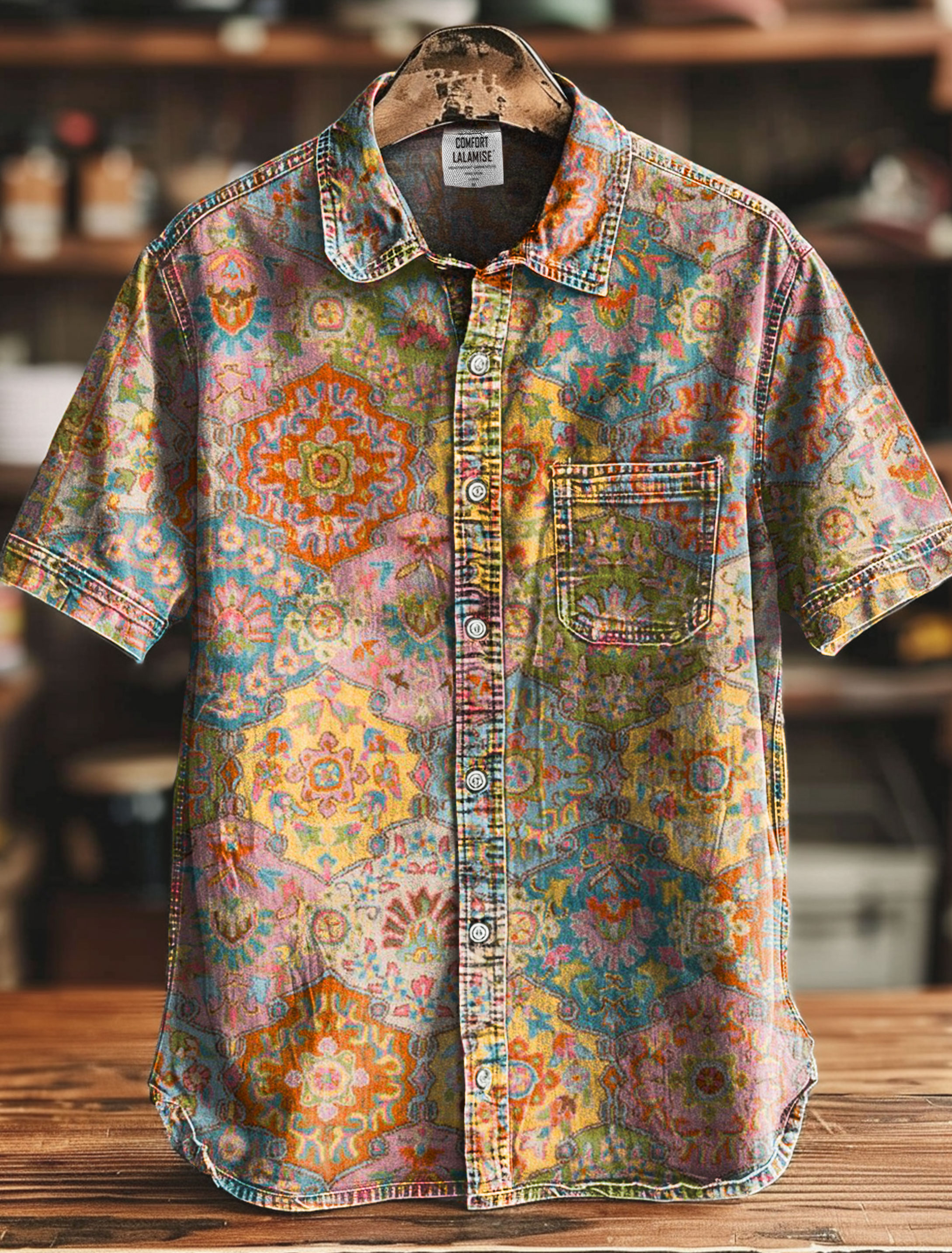 Vintage Ethnic Pattern Flowers Colors Art Print Casual 100% Cotton Shirt