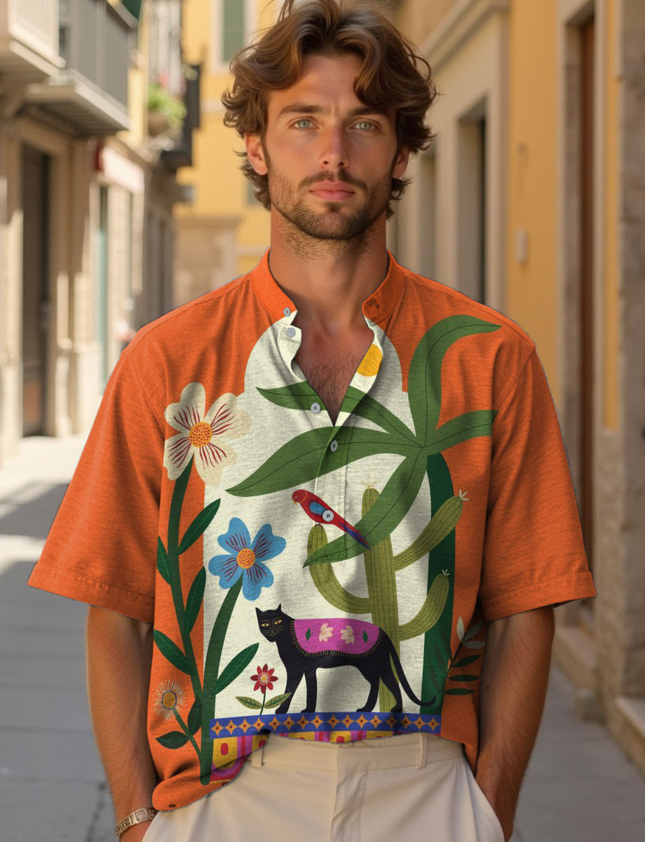 Plants In Front of Vintage Arch. Black Panther and Plant Decorative Pattern Casual Cotton And Linen Polo Plants In Front of Vintage Arch. Black Panther and Plant Decorative Pattern Casual Cotton And Linen Polo