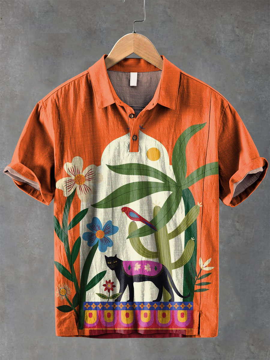 Plants In Front of Vintage Arch. Black Panther and Plant Decorative Pattern Casual Cotton And Linen Polo