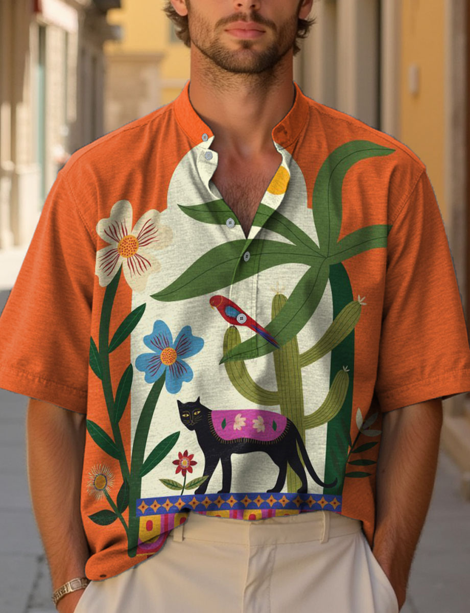 Plants In Front of Vintage Arch. Black Panther and Plant Decorative Pattern Casual Cotton And Linen Polo Plants In Front of Vintage Arch. Black Panther and Plant Decorative Pattern Casual Cotton And Linen Polo