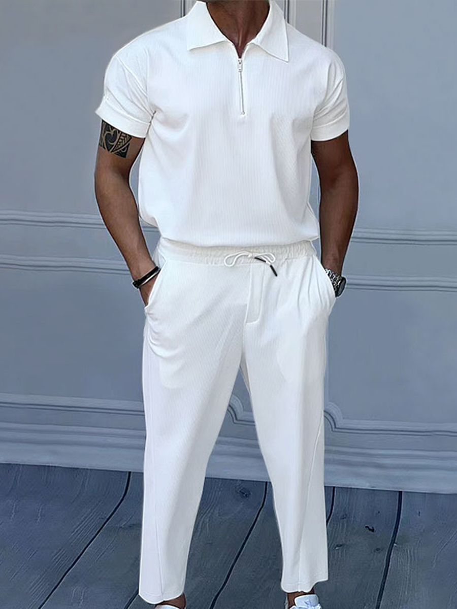 Men's Casual Loose Solid Color Lapel Short Sleeve Zipper Pants Suit