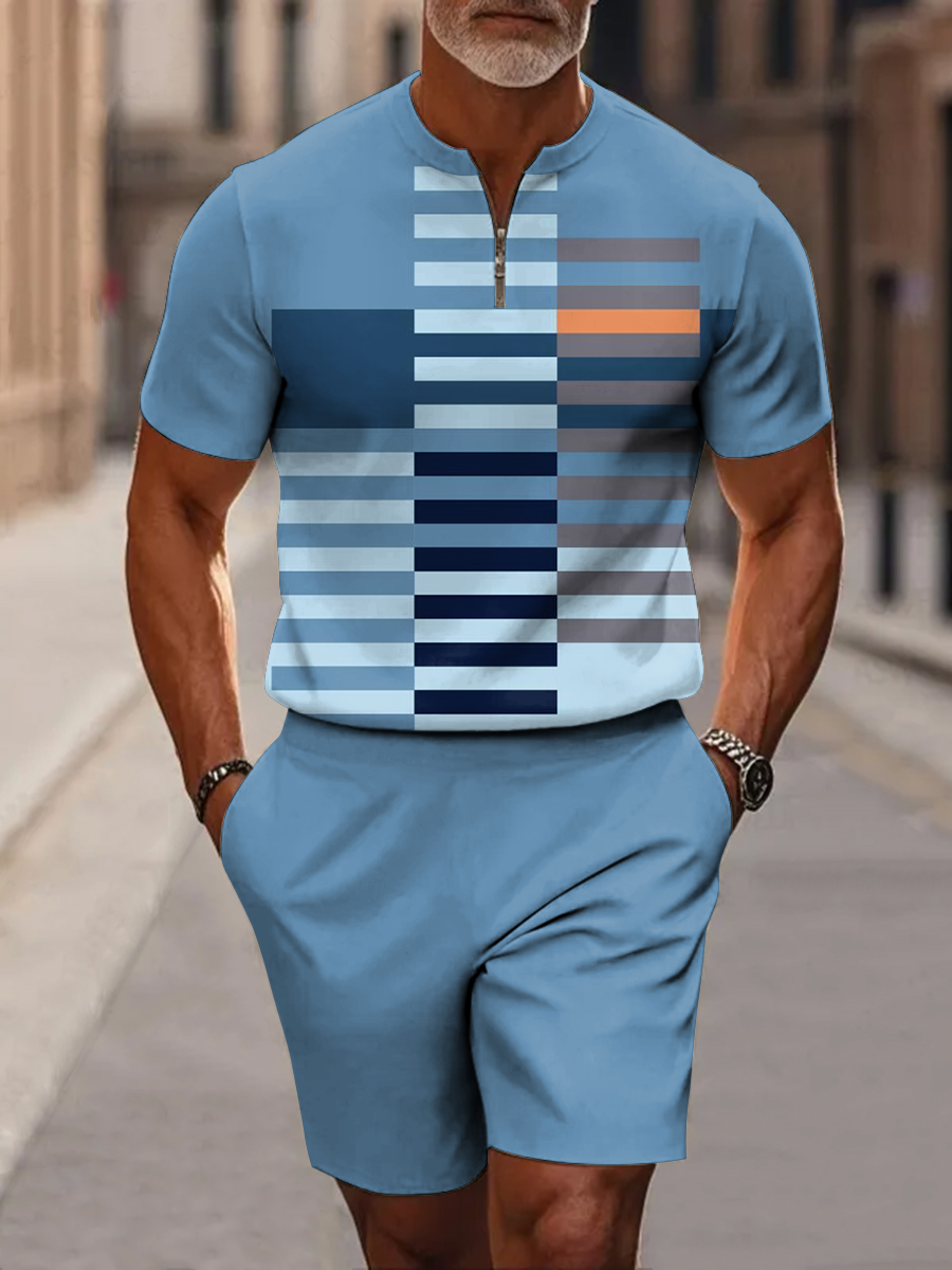 Men's Blue Color-block Stripes Art Short Sleeve Zipper Two-piece Set