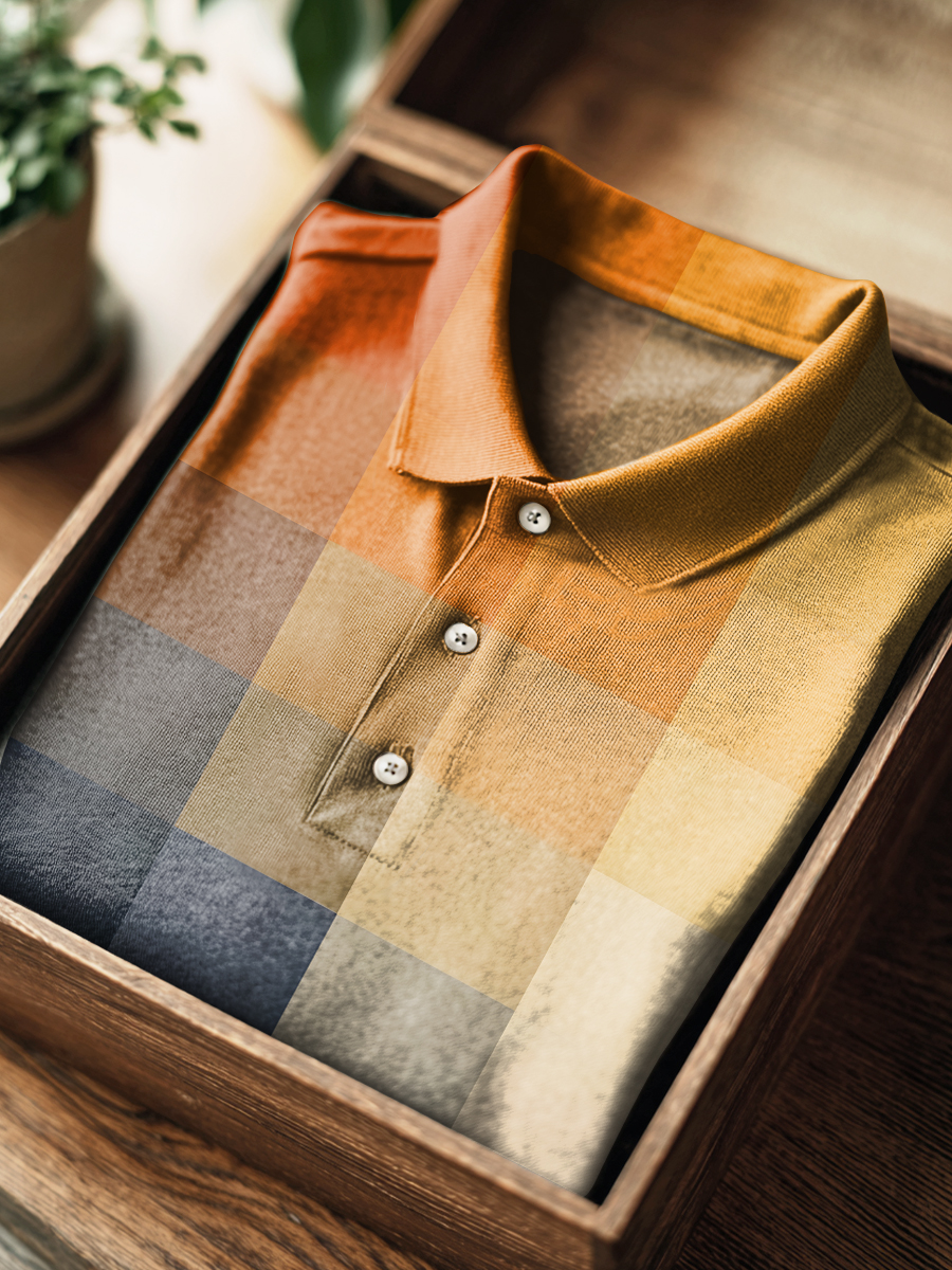 Orange Blue Sunset Gradient Grid Print Casual Cotton Short Sleeve Polo