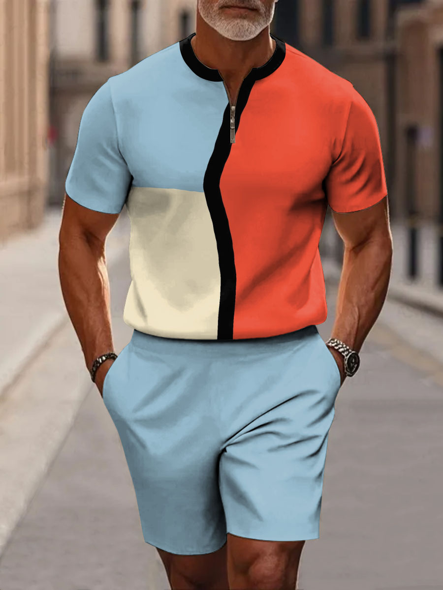 Abstract Art Color Block Decorative Pattern Short Sleeve Zipper Two-piece Set