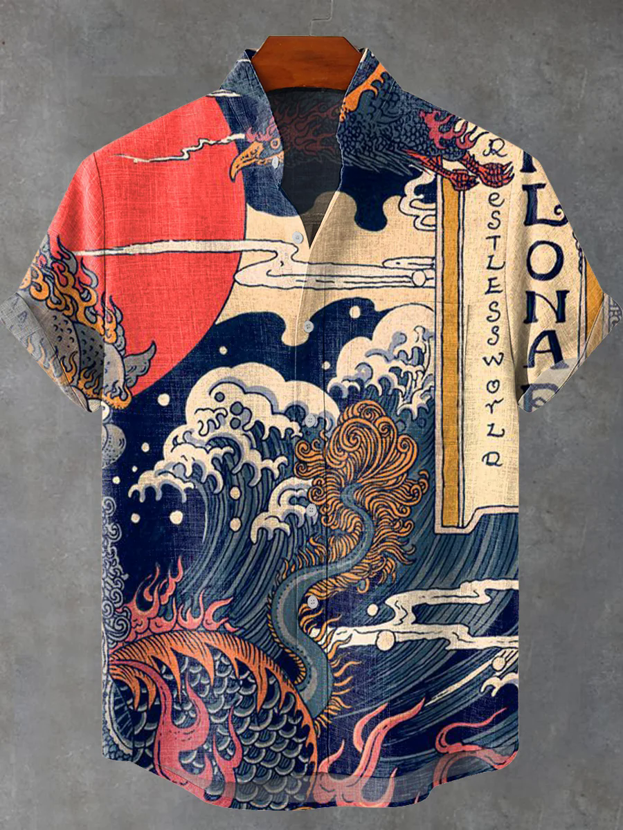 Vintage Japanese Art Ukiyoe Wave Painting Print Casual Cotton And Linen Polo Vintage Japanese Art Ukiyoe Wave Painting Print Casual Cotton And Linen Polo