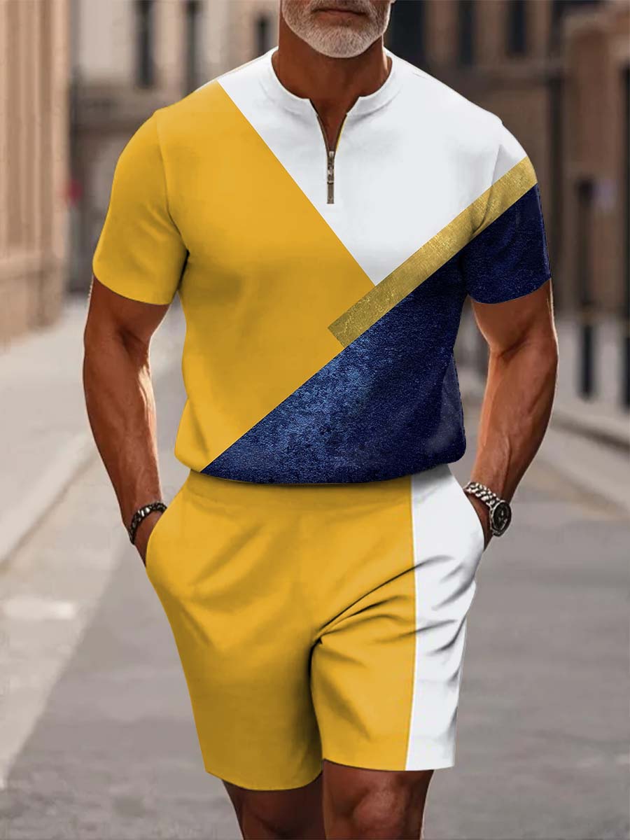 Men's Yellow Blue Geometric Mosaic Casual Short Sleeve Zipper Two-piece Set