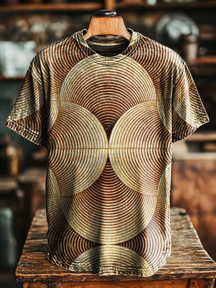 Vintage Aged Yellow Pattern Print Casual Short Sleeve T-shirt